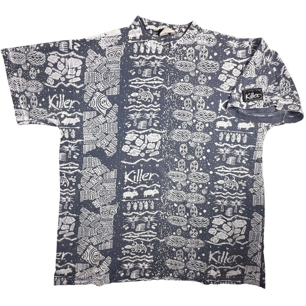 Vtg 90s All Over Print Single Stitch T-Shirt XL Tribal Primitive Grunge Surf